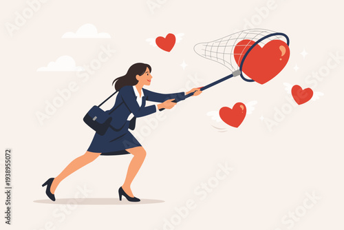 Businesswoman Catching Flying Hearts with a Net, Concept for Finding Passion, Motivation, Work Inspiration, Romantic Relationship, Dating, Love, Career Goals, and Emotional Fulfillment Vector.