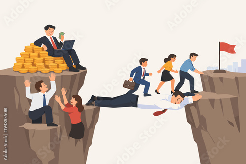 Selfish boss sitting on gold coins while others struggle and a selfless employee acting as a human bridge for colleagues to cross a chasm and reach their career goals and success on a cliff