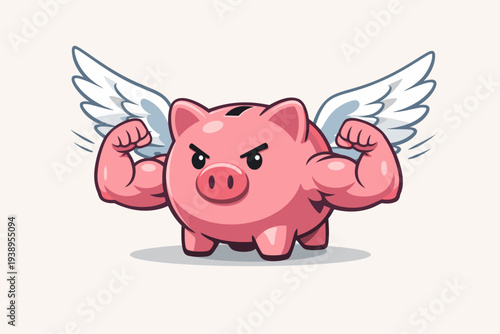 Strong Piggy Bank with Muscular Arms and Angel Wings Symbolizing Financial Health, Success, Personal Finance Strategy, Money Power, Investment Growth, and Economic Strength Vector Illustration