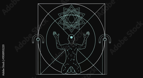 Mystical Geometric Symbolism with Kneeling Figure - Sacred Geometry