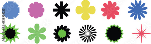 An abstract collection of colorful, flat design graphic elements featuring various shapes like stars, flowers, circles, and squares.