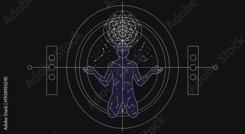 Human Silhouette with Cosmic Energy and Geometric Patterns