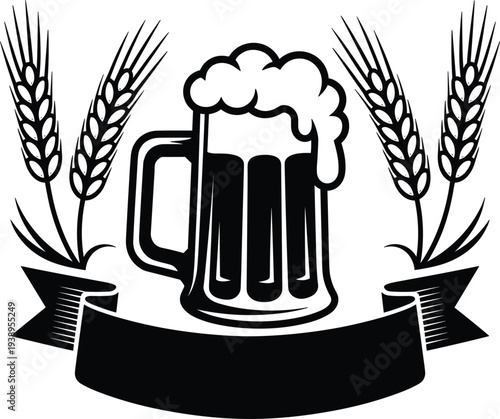 Beer mug with foam and wheat ears vector illustration for brewery pub and tavern logo design