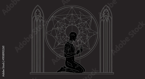 Silhouette of person praying in front of geometric stained glass window