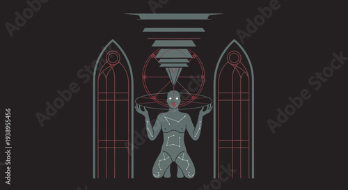 Mystical Figure Holding Energy Sphere Under Gothic Arches