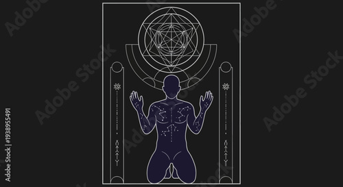 Mystical Figure Praying Under Sacred Geometry