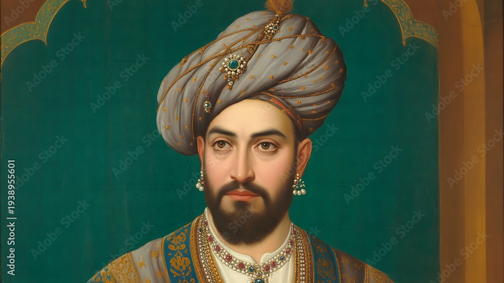 Fototapeta premium Portrait Painting of a Hindu Maharaja Resting on a Chowki. Decorative Floral Illustration Inspired by Indian Historical Kings. Generative AI. 