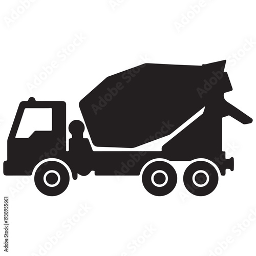 Cement mixer truck silhouette side view with three axles and rotating drum for mixing and transporting concrete on construction sites