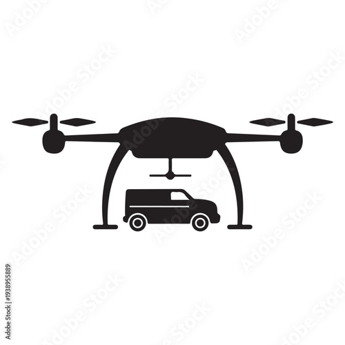 Drone lifting a van with its landing gear  aerial delivery concept  futuristic transportation  drone technology  innovative logistics