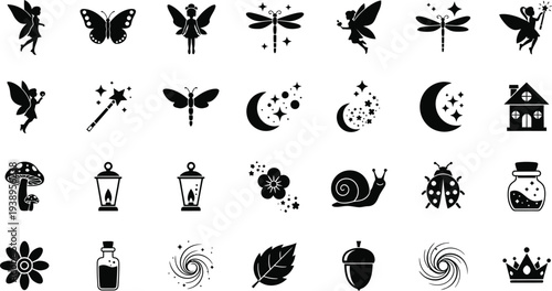 "Magical elements icons: insects butterfly dragonfly moon phases fairy cottage mushroom lamp snail bottle flower foliage acorn spiral crown – outline fantasy vector illustration"