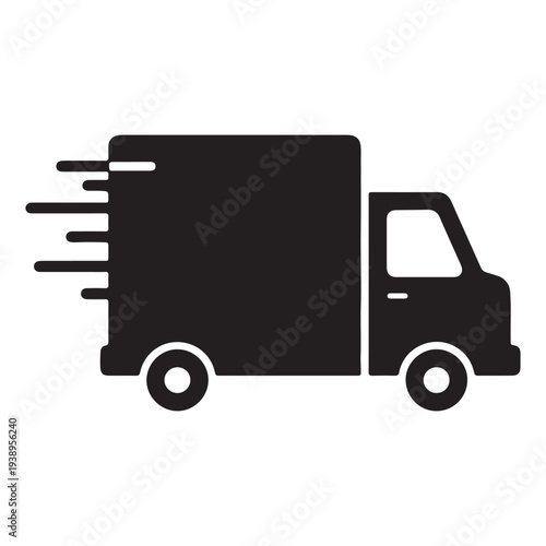 Fast delivery truck icon with motion lines on side view isolated on white background for logistics and transportation concepts