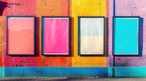 Four blank posters on a colorful brick wall.