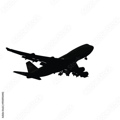 Aviation silhouette of commercial airplane in flight on white background