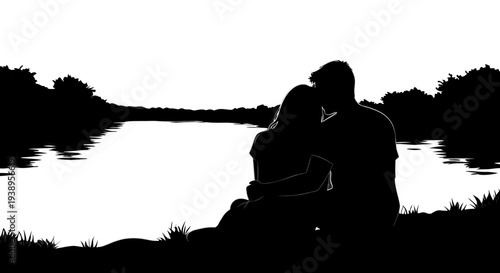 Black silhouette illustration of a woman figure playing a music guitar as an artistic vector shadow person