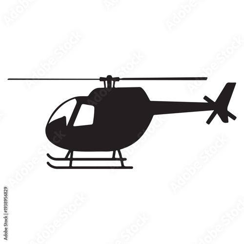 Helicopter silhouette with skis on landing gear and rotor blades on white background  side view