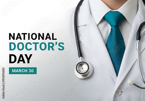 Doctor in white coat with teal tie holding stethoscope for National Doctor's Day March 30 celebration