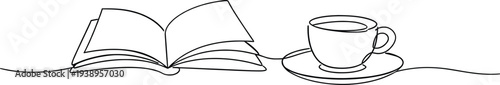 Minimal Line Art Book and Coffee Cup Study Illustration.