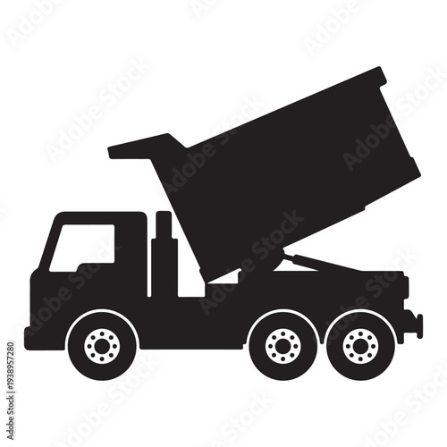 Large black silhouette of a dump truck with three axles and a raised bed against a white background