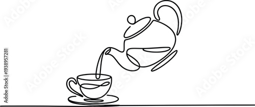 Minimal Line Art Teapot Pouring Tea into Cup Illustration.