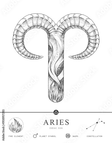 Modern magic witchcraft card with astrology Aries zodiac sign characteristic. Vector illustration