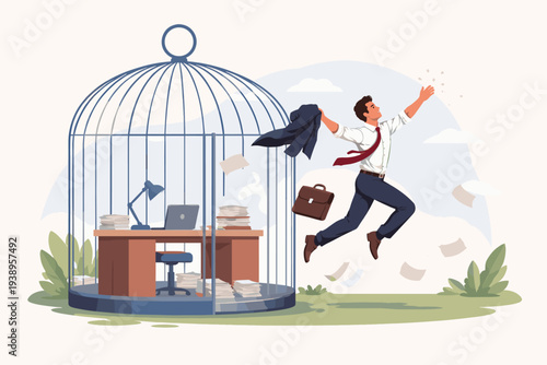 Businessman jumping out of a giant birdcage office to escape a stressful job, symbolizing resignation, career change, freedom from toxic workplace, and starting a new business or life journey.