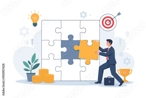 Businessman completing a jigsaw puzzle to solve a business problem. Concept of strategic solution, achievement, and connection for success with light bulb, target, money, and trophy icons.