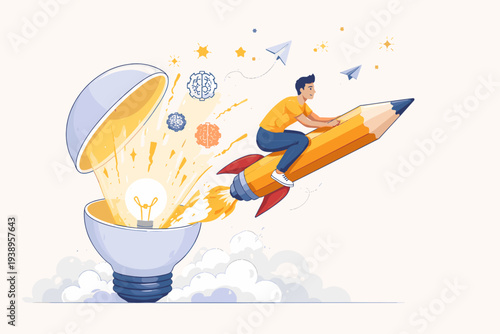 Creative Man Riding a Pencil Rocket Launching from a Giant Open Lightbulb, Symbolizing Innovation, Imagination, New Ideas, Education, Writing, Inspiration, Genius, and Startup Success Concept.