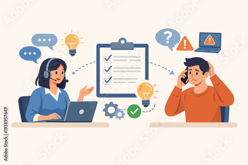 Customer Service Representative Helping a Frustrated Client Solve Technical Problems via Phone and Laptop. Call Center Operator Providing Support, Advice, and Solutions with a Checklist Vector.