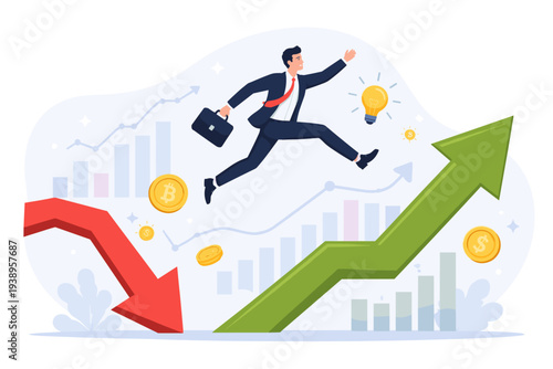 Businessman jumping from a red falling arrow to a green rising arrow, symbolizing economic recovery, financial growth, stock market success, investment strategy, and cryptocurrency rebound.