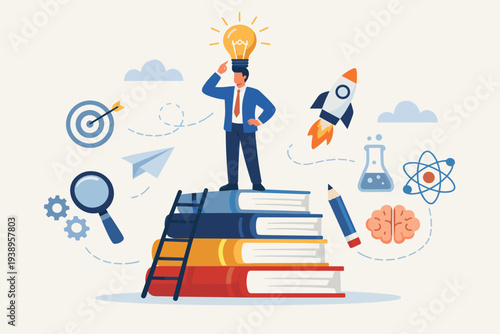 Businessman standing on a stack of books with a glowing lightbulb idea, representing knowledge is power, education, wisdom, creativity, intelligence, innovation, and problem solving for success.