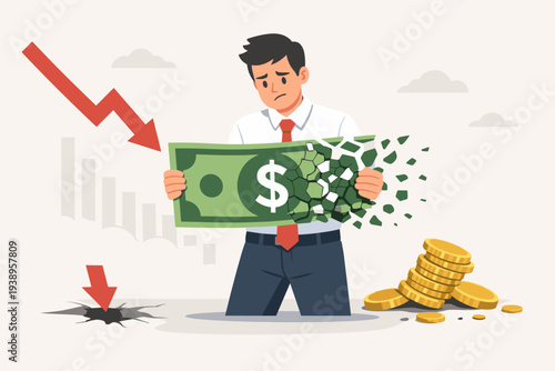 Sad Businessman Holding Shattering Dollar Bill Representing Financial Crisis, Economic Loss, Inflation, and Investment Failure with Downward Arrow and Falling Bar Chart Vector Illustration