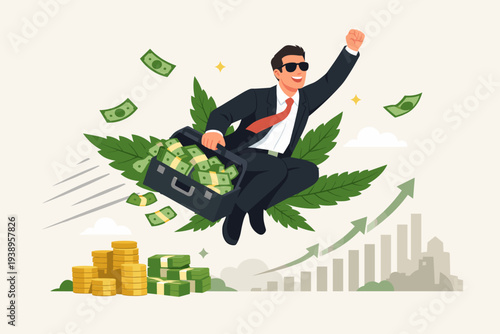 Successful Businessman Flying on Marijuana Leaf with Briefcase Full of Cash, Cannabis Industry Investment Growth Concept, Legal Weed Market Profit, Financial Success in CBD Business Illustration.