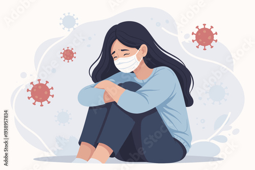Sad Young Woman Wearing Face Mask Sitting Alone in Isolation During COVID-19 Pandemic, Mental Health Issues, Anxiety, Depression, and Loneliness Caused by Quarantine Vector Illustration