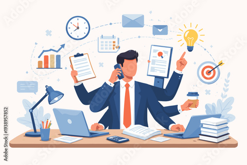Professional Businessman Multitasking with Multiple Arms Managing Workload, Phone Calls, Emails, and Ideas at His Desk, Illustrating High Productivity, Efficiency, and Busy Corporate Lifestyle.