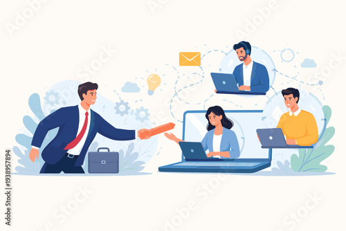 Professional businessman passing a baton to a remote team of workers on laptops, illustrating outsourcing, task delegation, global collaboration, and efficient project management in a digital