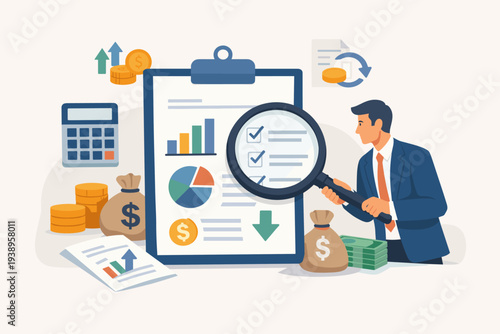 Businessman analyzing financial reports with a magnifying glass for tax planning and optimization. Illustration of accounting, audit, revenue management, and investment strategy with charts.