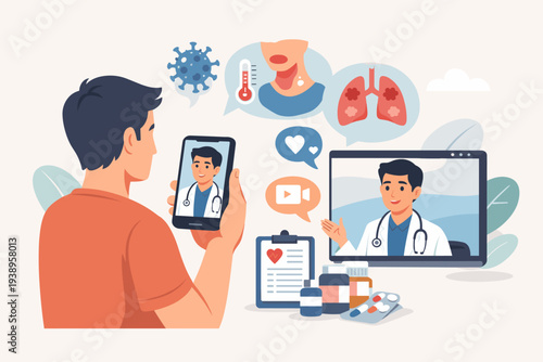 Telehealth and Online Medical Consultation Concept with a Patient Talking to a Doctor via Smartphone and Laptop Screen for Remote Diagnosis, Healthcare Technology, and Digital Medicine Services.