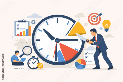 Effective time management and productivity concept with businessman cutting clock like a pie chart to optimize workflow, project tracking, attendance system, and business planning illustration.
