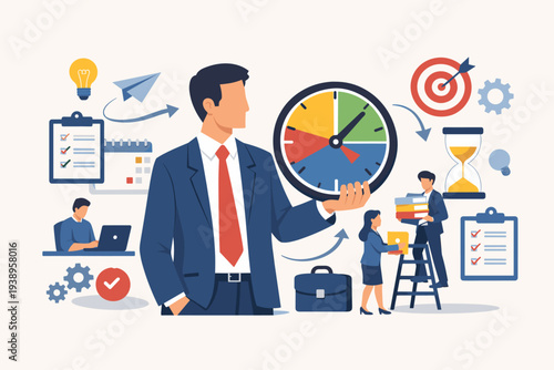 Businessman holding a large clock for effective time management and productivity. Vector illustration of professional efficiency, delegation, task prioritization, and meeting office deadlines.