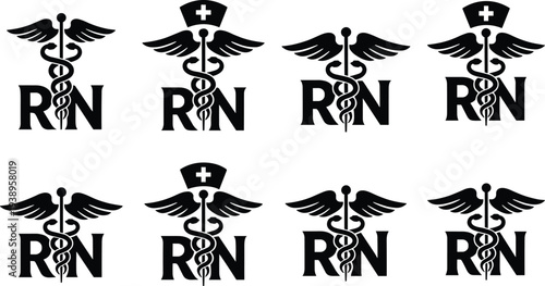 Registered Nurse RN Caduceus Medical Logo Set, Nursing Student Graduation Icons, Healthcare Professional Branding Graphics, Medical Symbol Wings and Nursing Caps,