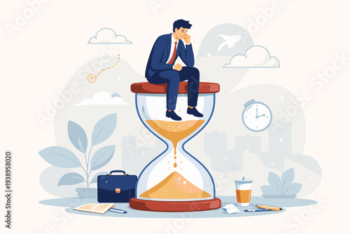 Businessman Sitting on a Large Hourglass Thinking About Time Management and Procrastination, Concept of Waiting, Ineffective Work, Career Stagnation, Deadline Pressure, and Business Efficiency.