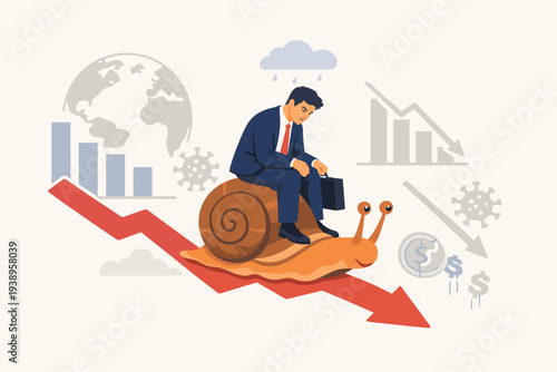Global Economic Recession and Financial Crisis Concept with Sad Businessman Riding a Snail Downward on a Red Arrow, Representing Slow GDP Growth, Market Crash, and Pandemic Impact on Economy