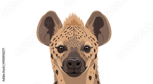 Close up portrait of a spotted hyena with distinctive dark spots and rounded ears against a solid white background in detailed vector art.