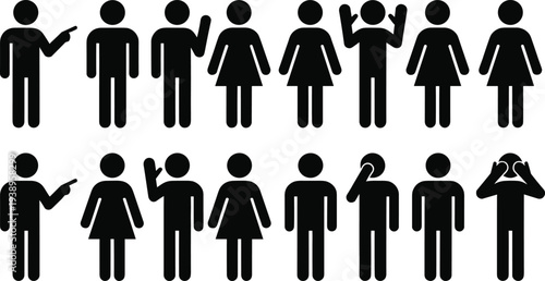 Set of Stick Figure People Icons in Various Poses, Including Men and Women Pointing, Waving, and Cheering for Infographic Design Elements,
