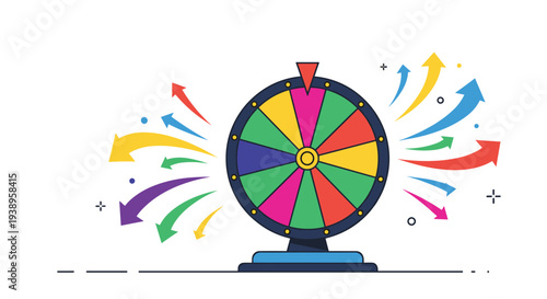 Vibrant spinning prize wheel with multiple colored segments and flying arrows indicating luck for games of chance and contests.