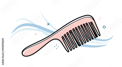 Simple pink hair comb displayed with blue abstract wind waves to illustrate hair care and styling for a beauty salon or personal grooming.