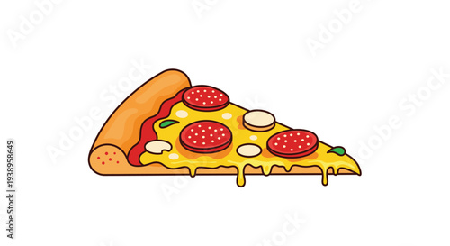 Delicious slice of pepperoni pizza with melted cheese mushrooms and green peppers on a thin crust shown in a colorful vector illustration.