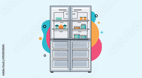 Large modern double door refrigerator with open compartments showing various food containers and bottles in a clean vector style.