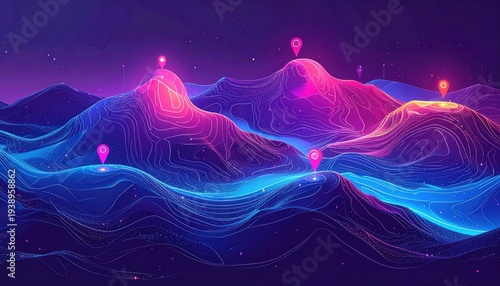 Neon stylized mountains with map markers under starry night