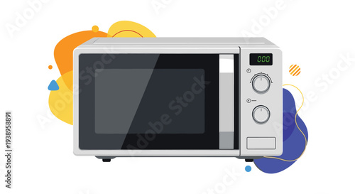 Sleek silver and black microwave oven with a digital display and control knobs for heating food shown against abstract colorful shapes.